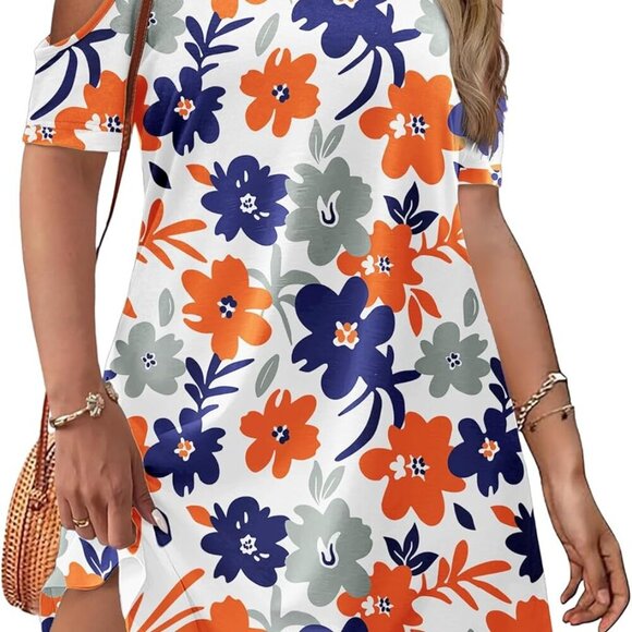 Women's Plus Size Summer Dress Floral Short Sleeve Casual Mini Pockets - Picture 1 of 4